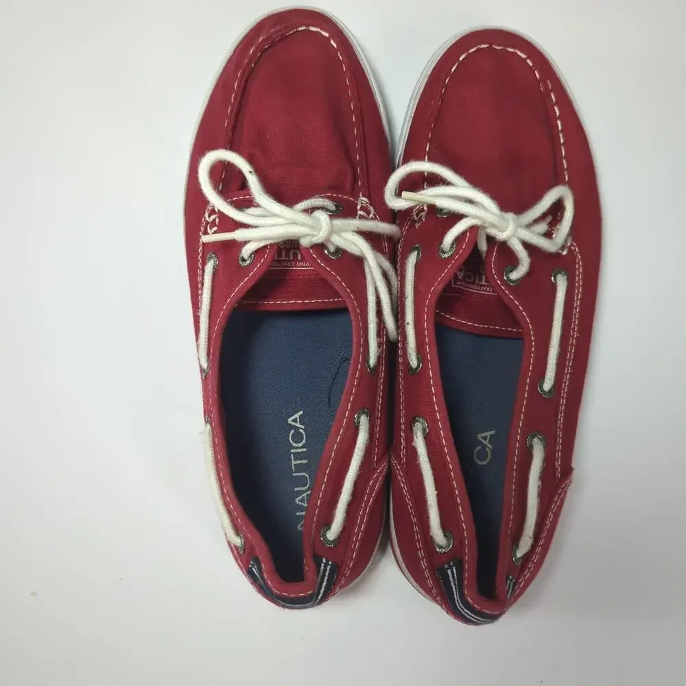 Nautica Red Canvas Boat Shoes Men's 9 Deck Shoes Preppy Coastal Casual